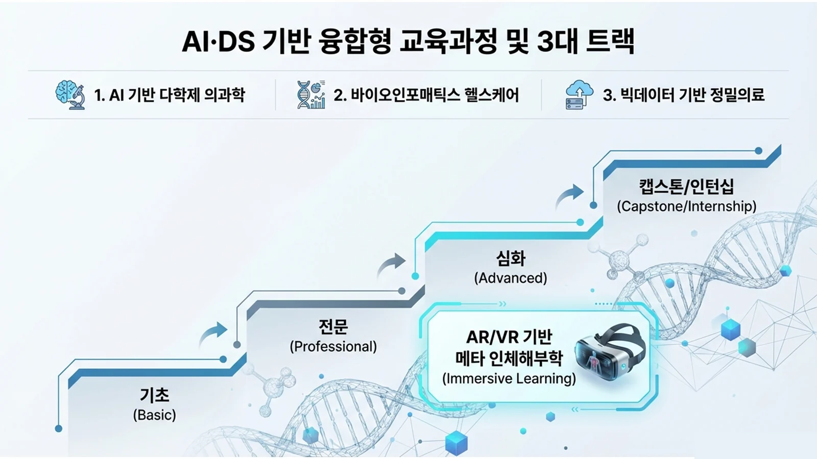 AI·DS 기반 융합형 교육과정 및 3대 트랙. 기초-전문-심화-캡스톤/인턴십 단계와 AR/VR 기반 메타 인체해부학