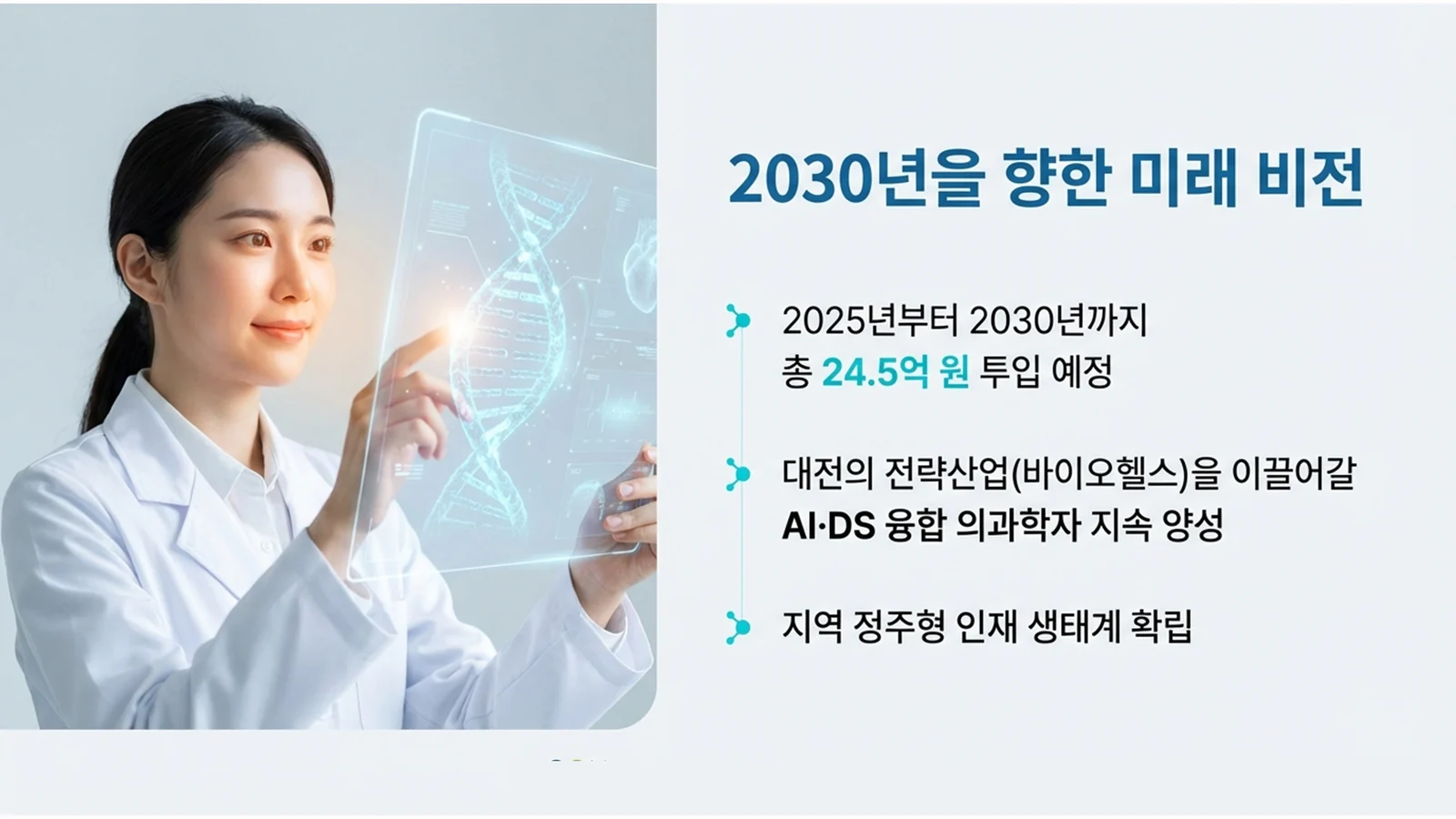 2030년을 향한 미래 비전. 2025년부터 2030년까지 총 24.5억 원 투입 예정, 지역 정주형 인재 생태계 확립